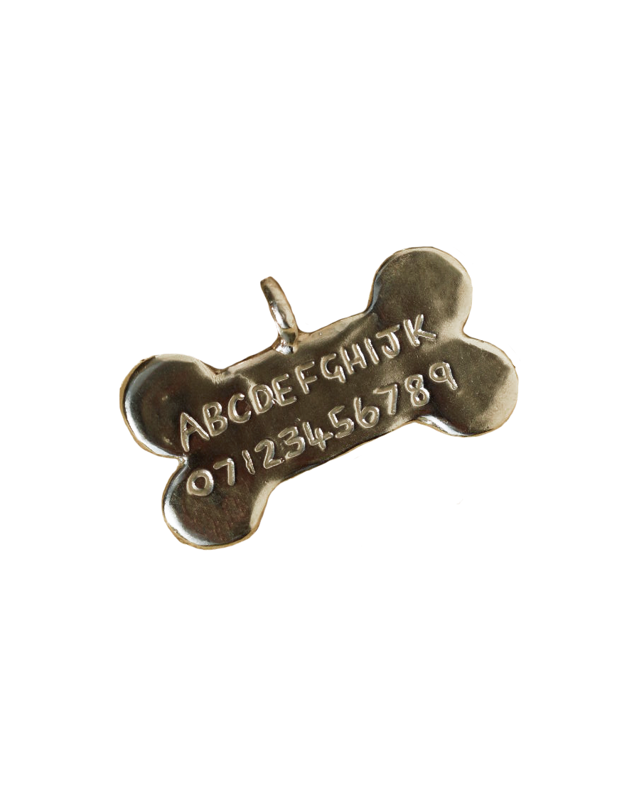 Personalised Pet id tag with hand carved details and contact information. Hand crafted brass unique tag.